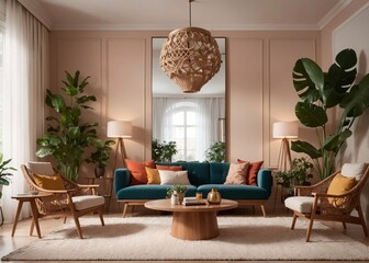 nature-inspired living room with lush greenery and mid-century modern vibes, perfect for relaxation and rejuvenation
