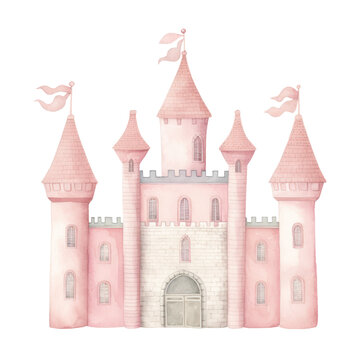 Watercolor illustration of pink castle isolated on background. Nursery art clipart.