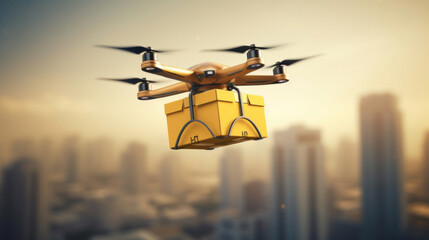 Fototapeta na wymiar Drone with package on the background of the city.