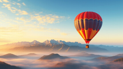 Hot air balloon flying over the valley at sunrise.