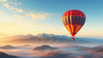 Obraz premium Hot air balloon flying over the valley at sunrise.