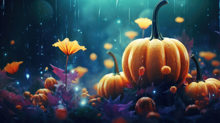 Obraz na płótnie Canvas Halloween background with pumpkins and flowers.