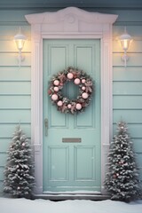 Door with a pretty Christmas wreath, cozy pastel colors house, snowy day. Christmas and New Year's concept.