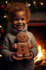 Small boy holding up a gingerbread man, standing in front of the fireplace with Christmas decorations. Christmas and New Year's concept.