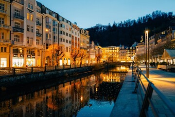 Panoramic view of Karlovy Vary in autumn, colored houses, evening