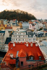 Panoramic view of Karlovy Vary in autumn, colored houses