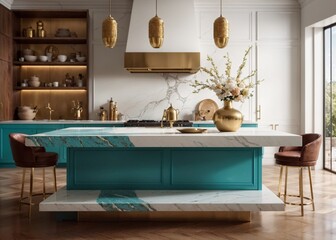 modern elegance and luxury in spacious kitchen with teal island, marble top, and green plants
