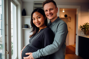 pregnant asian woman with her caucasian partner hugging her - obrazy, fototapety, plakaty