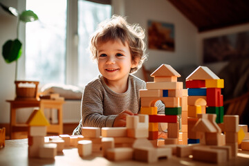 little boy playing with wooden cubes happy, generative AI