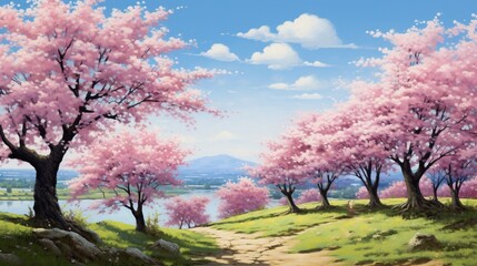 Obraz na płótnie Canvas a peaceful countryside scene featuring a row of cherry blossom trees, their delicate pink petals contrasting against a blue sky.