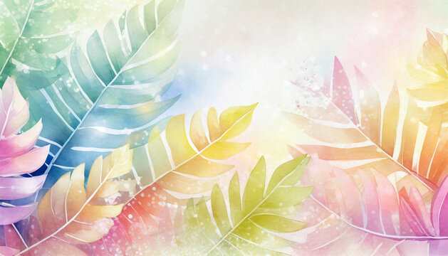 Watercolor background with tropical leaves in pastel colors