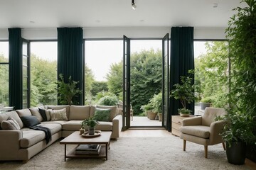 Fototapeta premium A large living room interior design, contemporary style with large windows in an eco-friendly environment. 