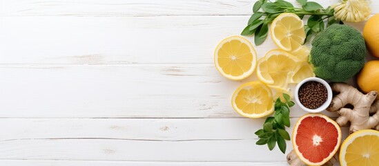 Immune-boosting food items like broccoli, citrus fruits, honey, ginger, lemon, garlic, goji, and turmeric on a white wooden background. - obrazy, fototapety, plakaty