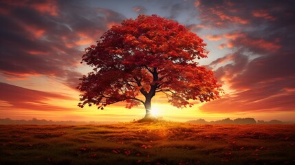 a picturesque scene of a majestic oak tree in a meadow, its foliage resplendent in hues of deep crimson, sunlit gold, and rich burgundy, like a work of art sprung from nature.