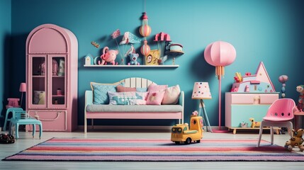 A playful and colorful children's room with pink and blue walls, filled with toys and imagination, an inviting space for young minds to explore.