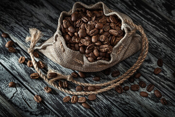 Vintage Burlap Sack With Roasted Coffe Beans.