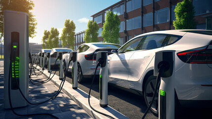 A line of electric cars charging