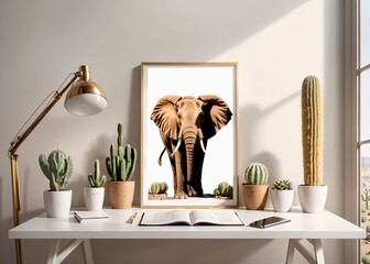 modern and cozy workspace with elephant art and cacti
