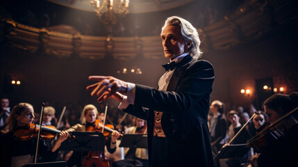 A maestro leads a symphonic ensemble of musicians