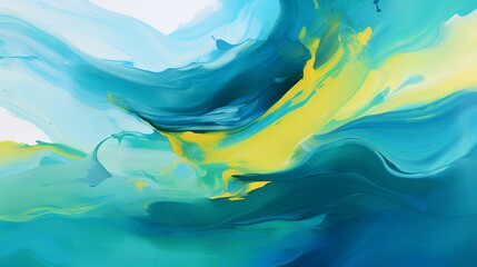 Abstract background of acrylic paint in blue, yellow, and green colors.