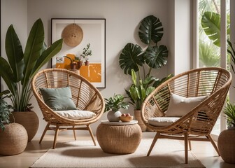 Scandinavian living room with rattan chairs - obrazy, fototapety, plakaty