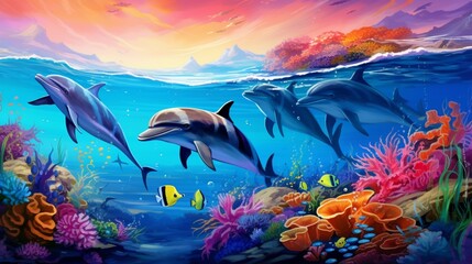 Fototapeta na wymiar a pod of dolphins playfully dives in sync with a group of colorful reef fish amidst a thriving underwater ecosystem.