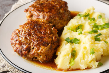 Delicious large meatballs with gravy with a side dish of mashed potatoes close-up in a plate on the...