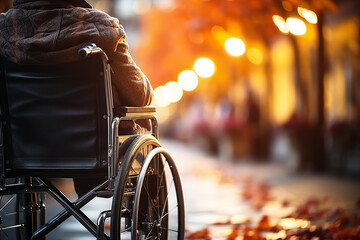 A disabled person in a wheelchair on a fall city street - obrazy, fototapety, plakaty