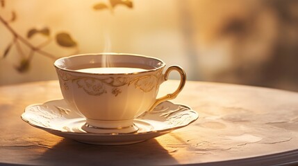 A pristine, elegant teacup with a delicate saucer, catching the soft morning light. - obrazy, fototapety, plakaty