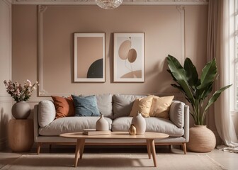 modern home decor with stylish sofa and cushions and artwork