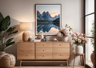 modern wooden sideboard with minimalist decor and mountain landscape artwork