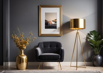 modern elegance: stylish and cozy home decor with dark grey wall, gold accents, and plush chair