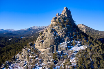 Rock Okzhetpes. Mount Okzhetpes.  The rock is located on the shore of Lake Burabay on the territory of the State National Natural Park "Burabay".