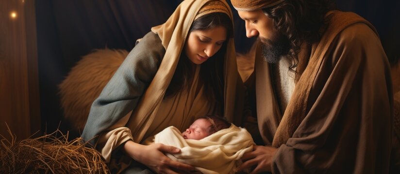 Parents in traditional attire display a living nativity scene with newborn baby.