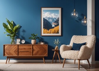 blue wall and mountain artwork: stylish living room with cozy armchair