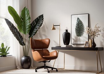 stylish and cozy interior with leather chair, green plant, and wall art
