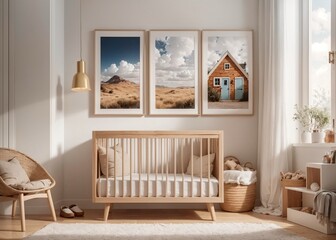 cozy and well-lit nursery room with a wooden crib and a colorful artwork

