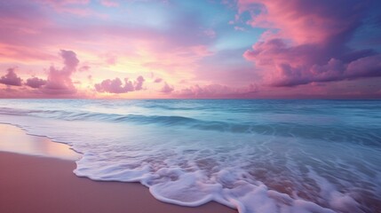 A serene beach at twilight, where the soft pink and cool blue colors meet on the horizon, creating a tranquil and dreamy seascape.