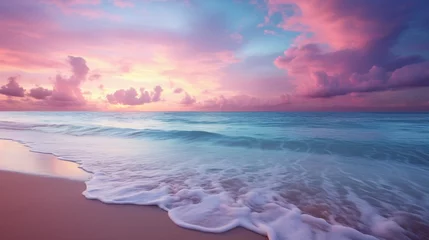 Zelfklevend Fotobehang A serene beach at twilight, where the soft pink and cool blue colors meet on the horizon, creating a tranquil and dreamy seascape. © baloch