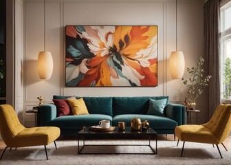cozy and elegant living room with yellow chairs and a colorful painting
