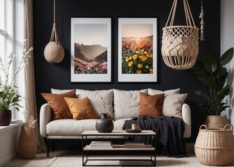 cozy and elegant interior with sofa, framed pictures, and plants
