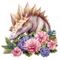 Obraz premium Stegosaurus and flower Illustration, Generative Ai