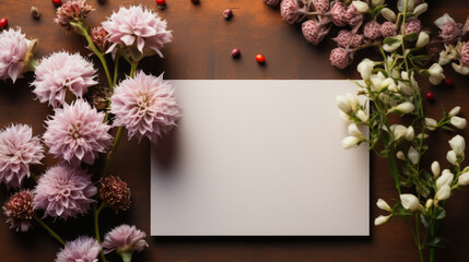 Mockup invitation, blank greeting card and flowers. Flat lay, top view.