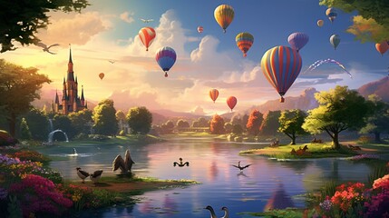 a serene park where a hot air balloon festival is in full swing, with a family of ducks wading in the nearby pond and a heron taking flight. - obrazy, fototapety, plakaty