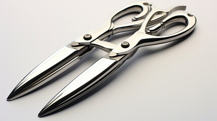 A set of elegant kitchen shears, their shiny steel glinting against the pristine white background.