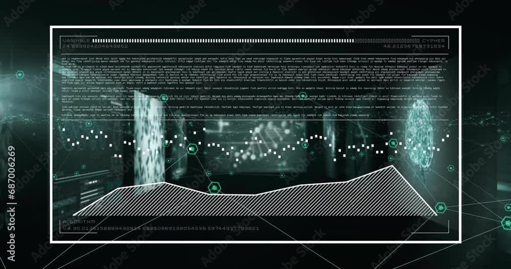 Poster animation of data processing on graph over screens with graphs, networks and dna on black background