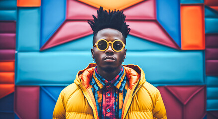 Young african amercian fashion model in front of a colourful wall, wearing yellow sunglasses and clothing matching background.