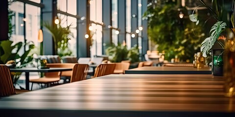 Contemporary dining experience. Modern wooden table and chairs set in stylish and elegant restaurant interior. Urban elegance. Empty desk and chair in interior with beautiful design and ambiance - Powered by Adobe