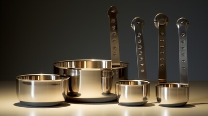 A set of stainless steel measuring cups, precise in measurement and visually appealing in the studio's bright lighting.