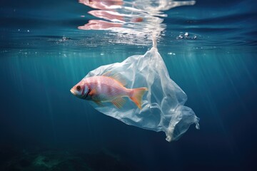 Fish in a piece of cellophane bag swims in the ocean.